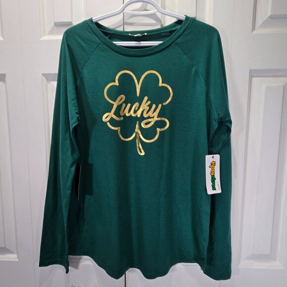 NWT Green & Gold Lucky Four Leaf Clover Long Sleeve Top – Size Large - Picture 1 of 5